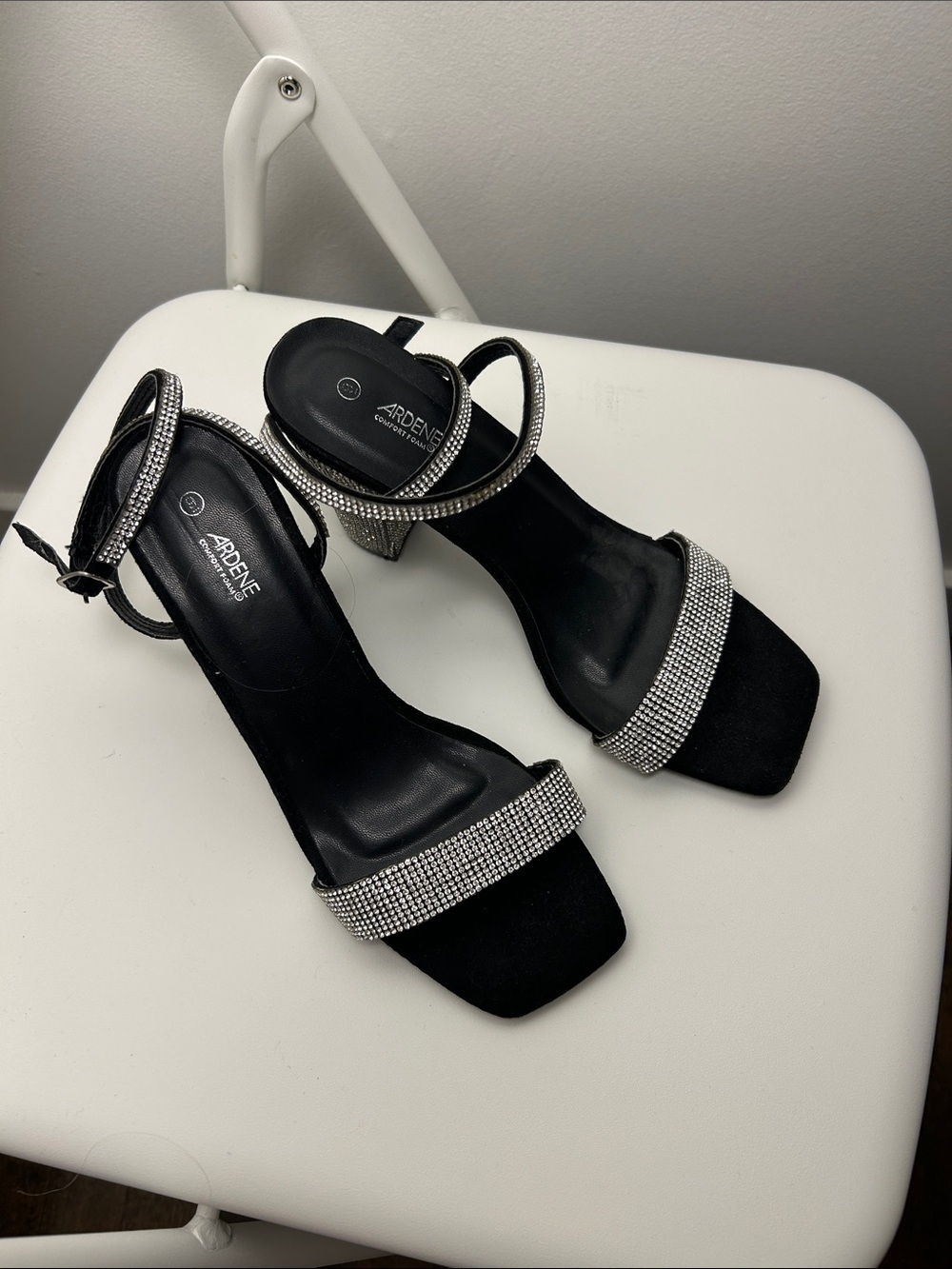 Ardene Black Rhinestone Ankle Strap Block Heels prom wedding vacation formal